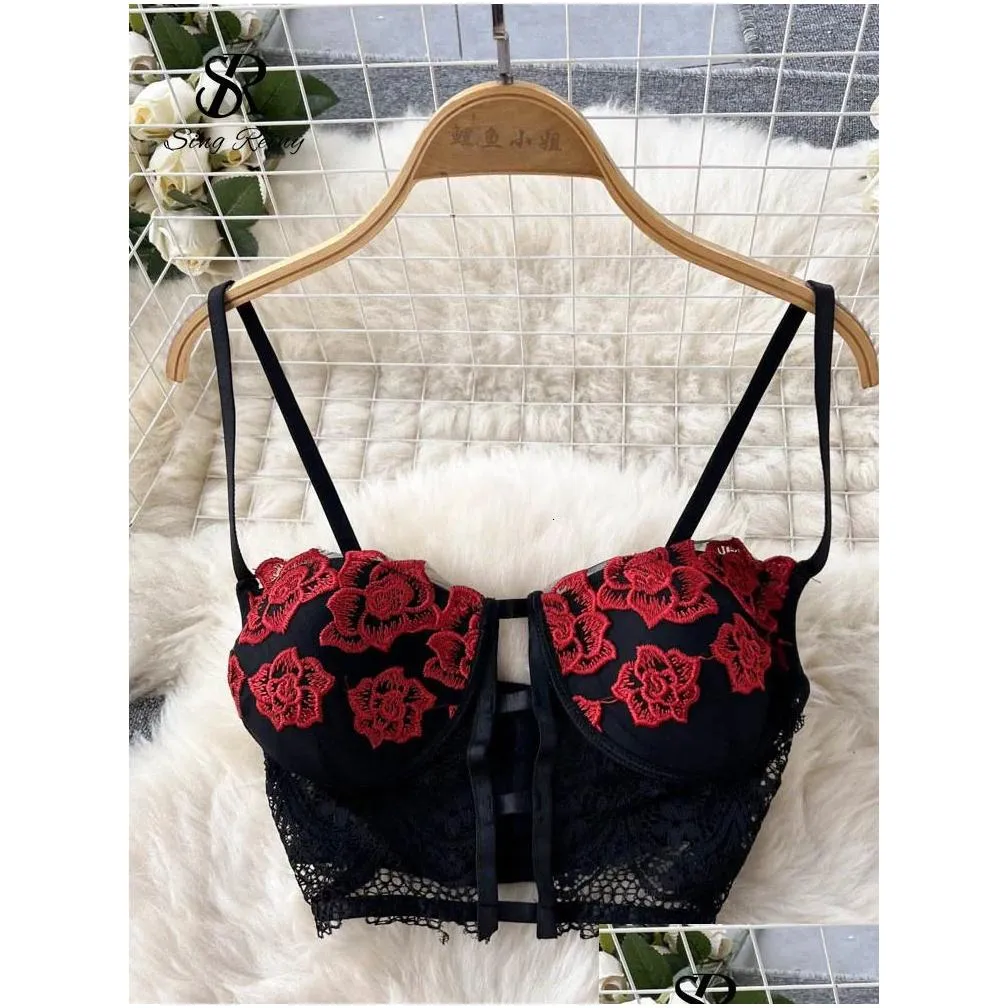 Bras Sets Singreiny Lingerie Sensual Floral Lace 2 Pieces Suits Backless Embroidery Fancy Short Intimate Sheer Erotic Underwear 24020 Dh9Sc
