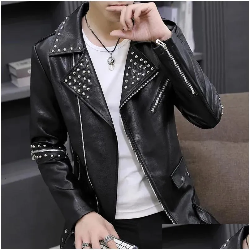 Men`S Leather & Faux Mens Hoo Casual Autumn Slim Fit Handsome Rivet Oblique Zipper Jacket Youth Trendy Motorcycle Pu Drop Delivery App Dhekn