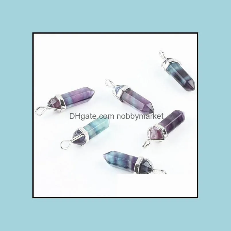 Bulk 5 Pieces Rainbow Fluorite Stone Healing Chakra Prism Point Gemstone Pendulum Bead Silvery Pendant Charm Jewelry