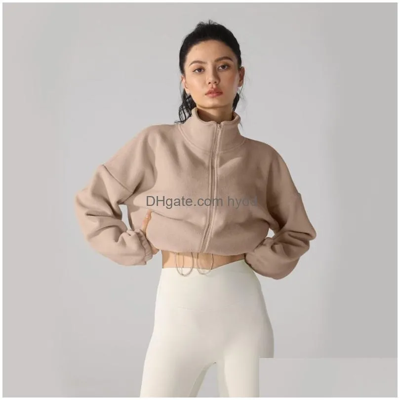 al yoga micro jacket cropped plush sweater womens mock neck loose full zipper jogging sweatshirts thickened and warm oli fleece short