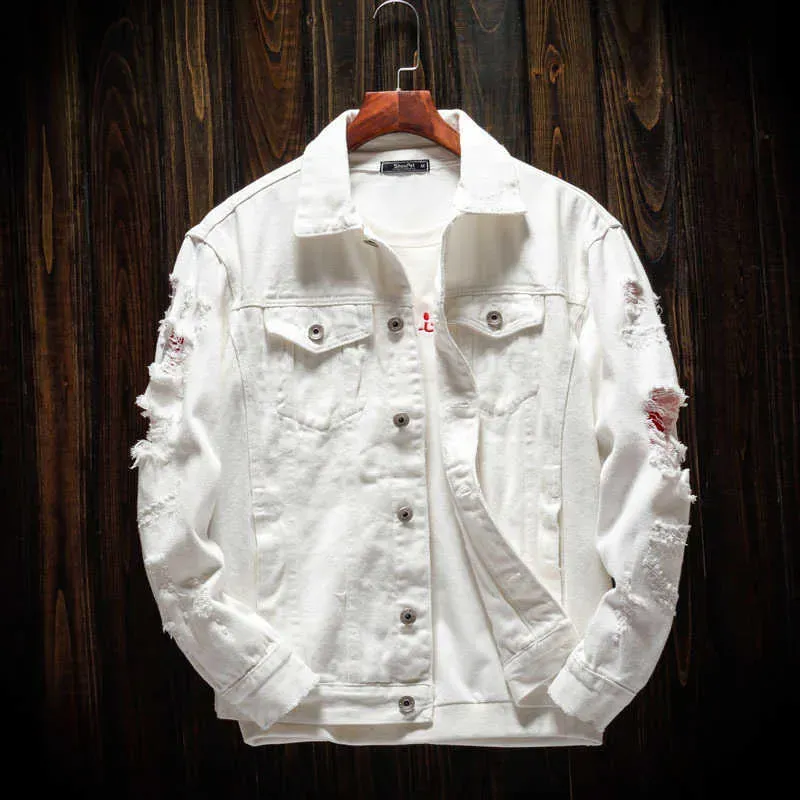 Men`s Jackets 2021 New 4XL White Ripped Denim Jackets Men/Women Hip Hop Holes Casual Fashion Distressed Streetwear Solid Male Jeans Jacket