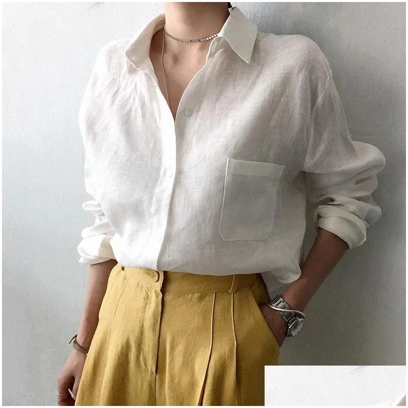 Women`S Blouses & Shirts Womens Leisure Long Sleeve Cotton Linen Loose Shirt Women Spring Summer Vintage Harjauku Streetwear Oversize Dhgoi