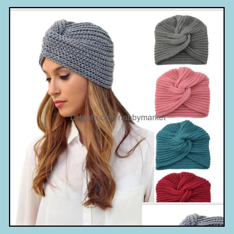 Winter Cap Knitted Turban Cross Womens Winter Warm Knit Turban Cross Twist Hair Wrap Solid Casual Indian Crochet Skullies Beanies