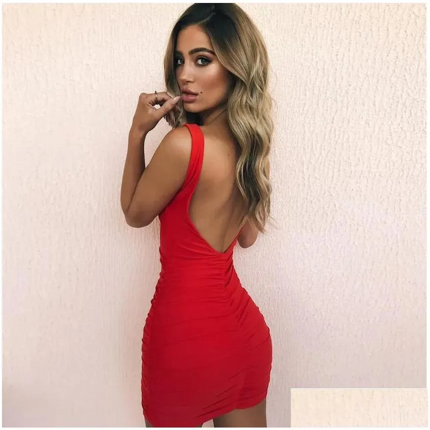 Basic & Casual Dresses Red Tank Vestidos Y Dress Ruffled Backless Party Club Mujer Summer Women Bodycon Bag Hip Office Mini Lady 2105 Dha2I