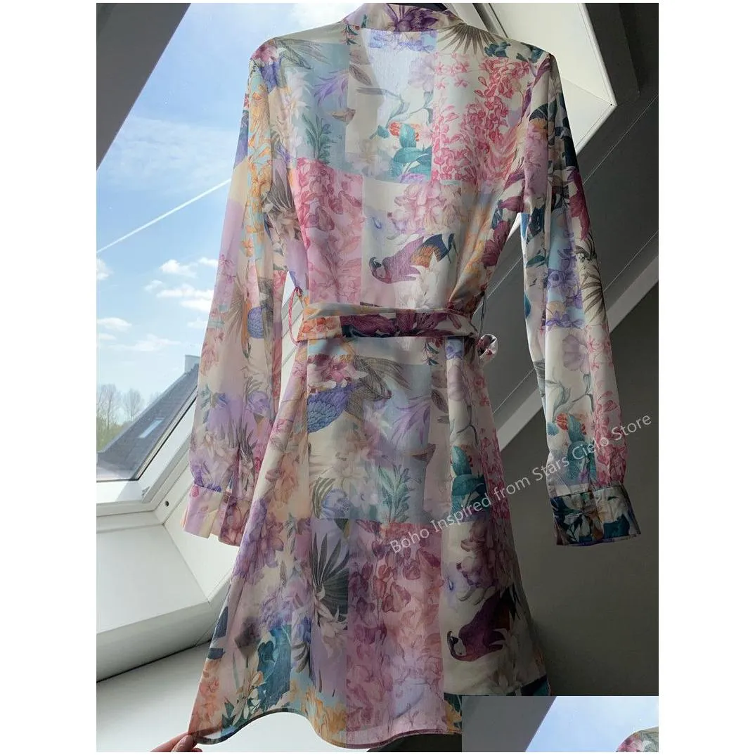 Basic & Casual Dresses Boho Inspired Mticolored Floral Print Summer Dress Women Buttons Down Belted Long Sleeve Woman Elegant Ladies Dho1D