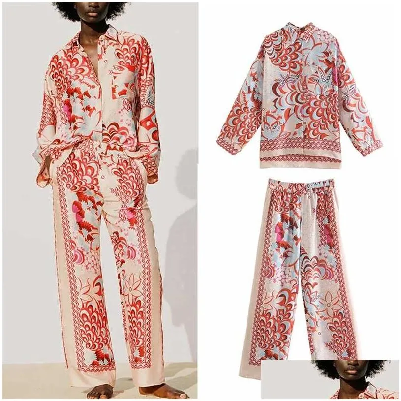 Women`S Two Piece Pants 2Pcs Za Women Blouses Addtrousers Suit Summer Printed Long Sleeve Blouse Set Female Single Breasted Casual Cl Dhmsd