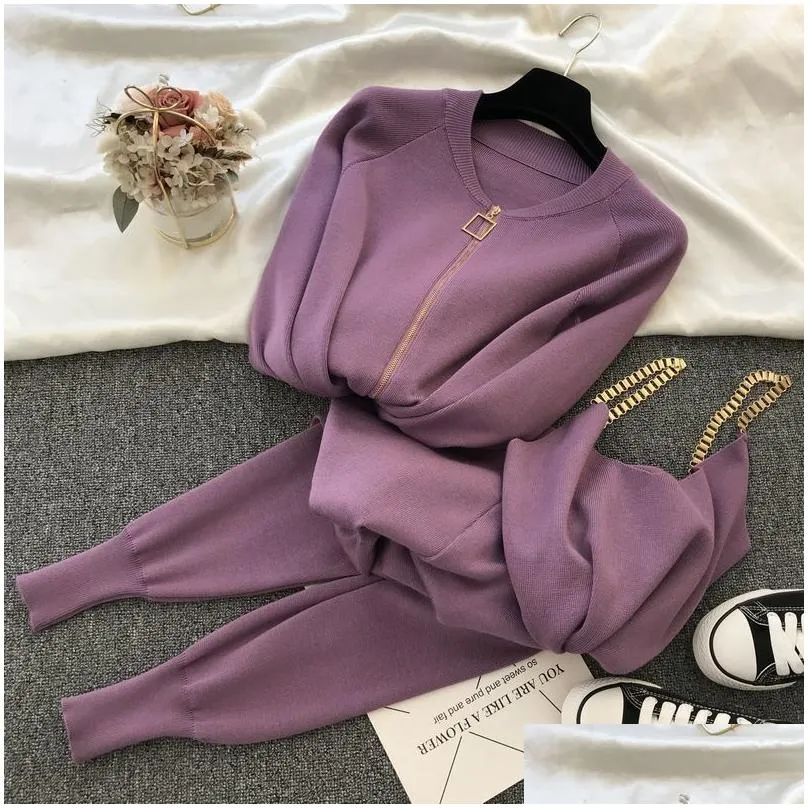 Women`S Two Piece Pants Women Zipper Knitted Cardigans Sweaters Add Sets Vest Woman Fashion Jumpers Trousers 2 Pcs Costumes Outfit 20 Dhnnb