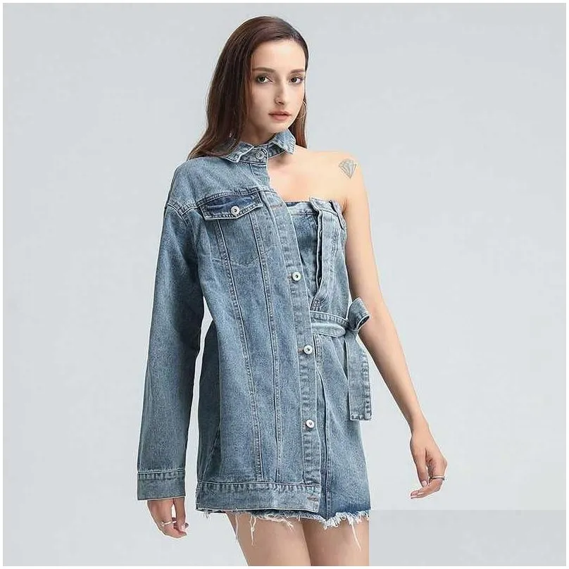 Basic & Casual Dresses Asymmetrical Denim Dress For Women Lapel Long Sleeve Hollow Out Work Tassel Streetwear Female Fashion Spring 2 Dhemx