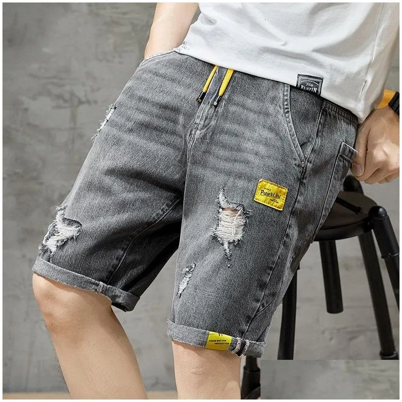 Men`S Jeans Mens Summer Grey Perforated Denim Shorts Korean Fashion Slim Elastic Fivepiece Male Brand Pants 11Styles 230706 Drop Deli Dhnao