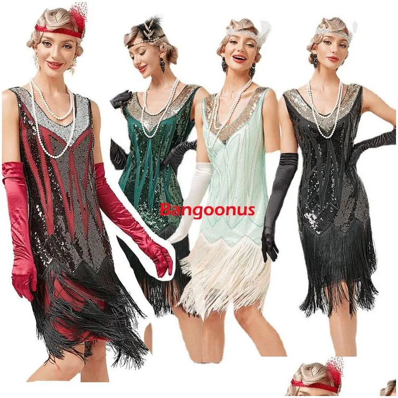 Basic & Casual Dresses Women V Neck Beaded Fringed Tassels Cocktail Prom Wedding Party Club Swing Dress Great Gatsby 1920S Flapper Si Dhqus