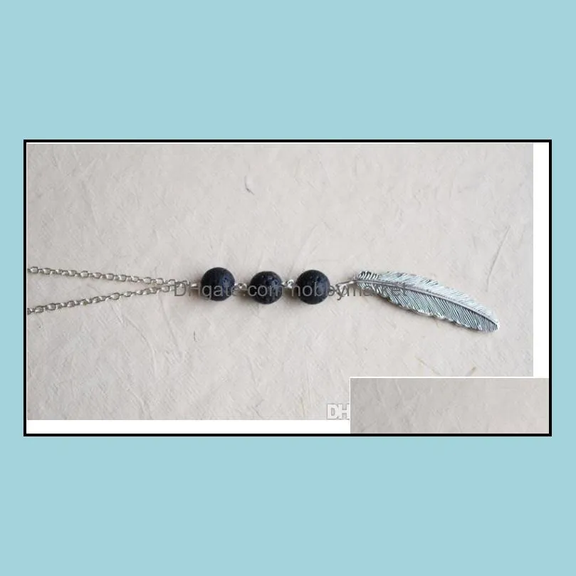 Vintage Lava-rock Bead Feather/Leaves Tassel Long Necklace Aromatherapy Essential Oil Diffuser Necklaces Black Lava Pendant Jewelry