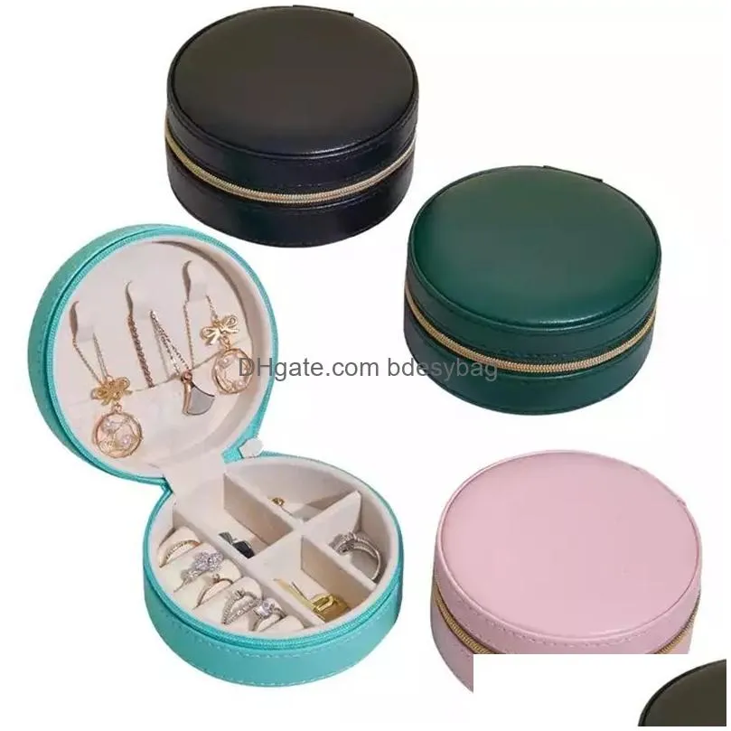 Jewelry Boxes Round Travel Box Pu Leather Case Portable Jewellery Organizer Holder For Rings Earrings Necklace Drop Delivery Dhgarden Dhs2G