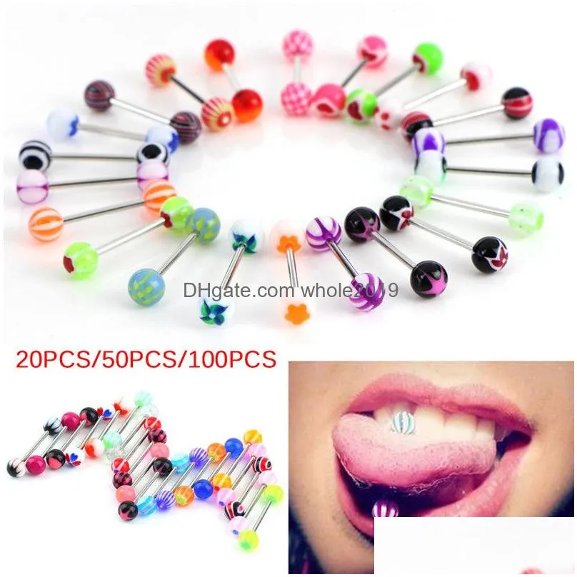 Tongue Rings 100Pcs/Lot Body Jewelry Fashion Mixed Colors Tounge Bars Barbell Piercing Drop Delivery Dhsz4