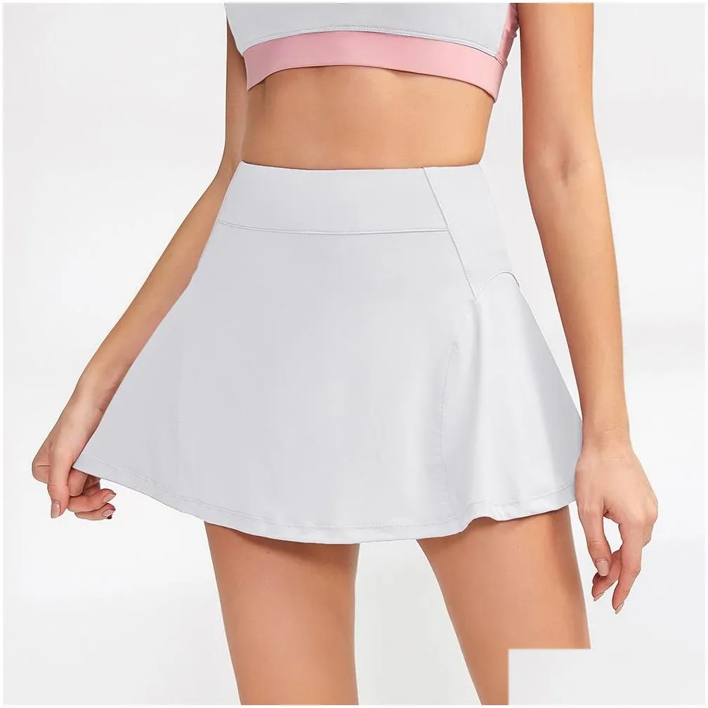 L-007 Tennis Skirts Pleated Yoga Skirt Gym Clothes Women Running Fitness Golf Pants Shorts Sports Back Waist Pocket Zipper