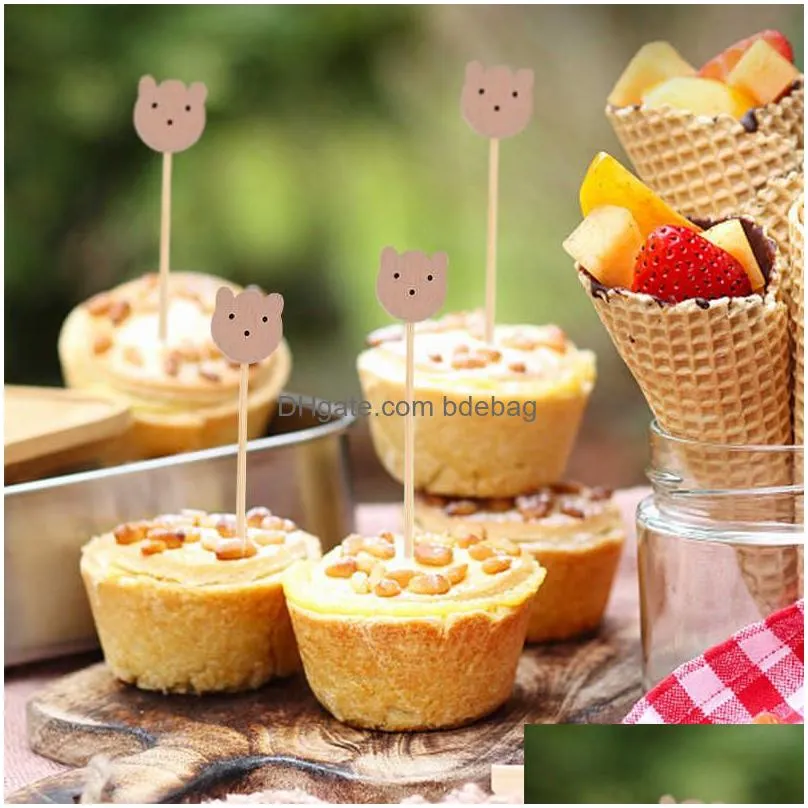  50pcs cute bear disposable bamboo buffet food picks cake dessert fruit forks sticks for baby kids birthday party decor supplies