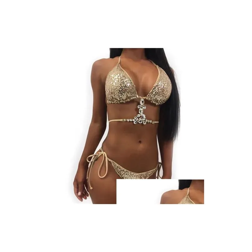 Women`S Swimwear Bikinis Crystal S Glitter Diamond Gems Women Bikini Set Beach Brazilian Bathing Suit Swimsuit Push Up 220618 Drop De Dhfnl