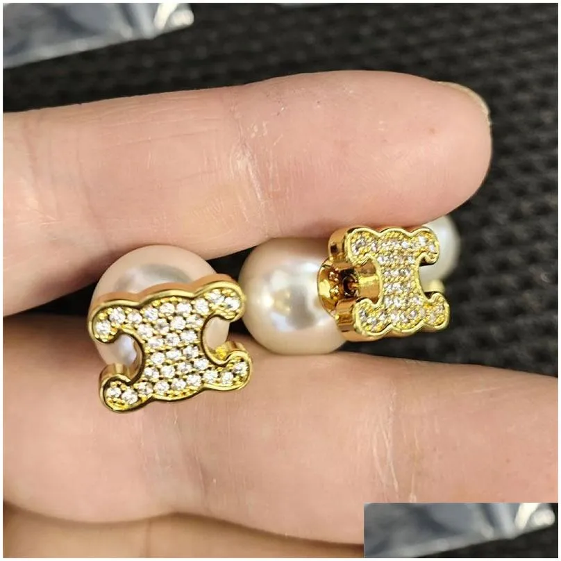 Luxury Big Pearl Celi Brand Letters Designer Earrings for Women 18K Gold Studs Elegant Charm Diamond Double Side Ball aretes Earings Earring Ear Rings Jewelry
