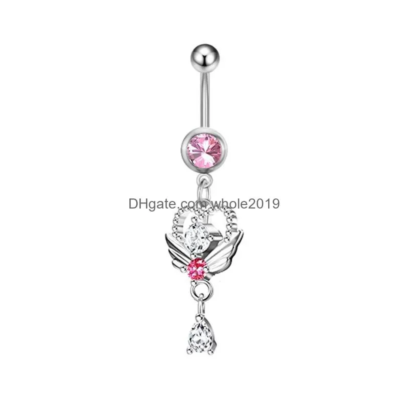 Navel & Bell Button Rings Belly Dangling Women Summer Pink Crystal Color Zircon Star Love Heart Gun Chain Stainless Steel Piercing Bo Dhvjq