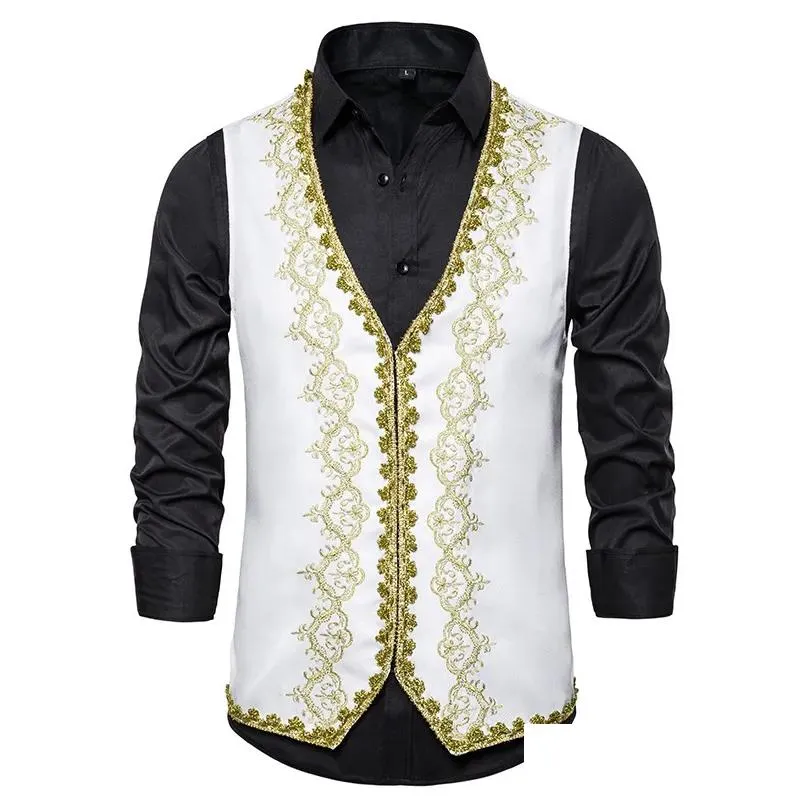 Men`S Vests Mens Stylish Gold Embroidery Baroque Vest Men Slim Fit Prince Black Waistcoat Stage Prom Drama Opera Costume Drop Delivery Dhzwf