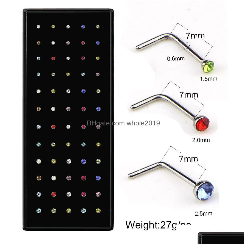 Nose Rings & Studs 60 Pcs Boxed L-Shape Stud Set With Crystal Body Piercing Gun Kit Fake Ring Stainless-Steel Needle Hoop Pack Jewelr Dhyzq