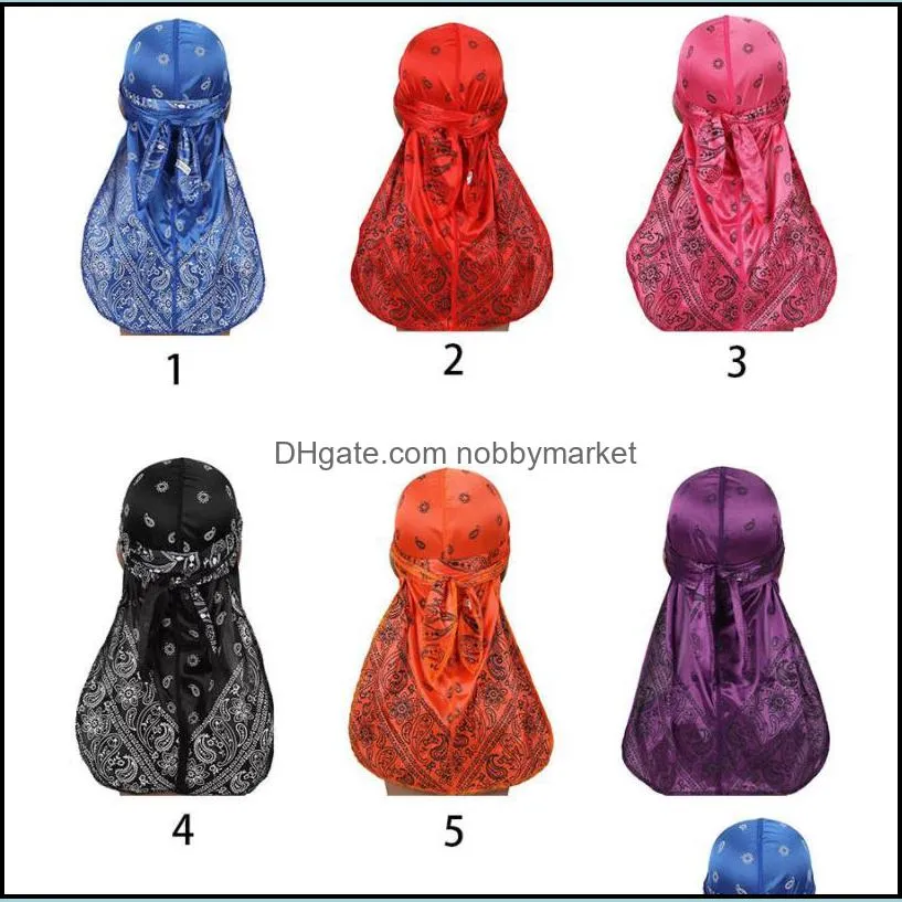 Premium Men Silk Durag Paisley Design Printing Silky Durags Long Straps Headwear Head Scarf Wave Cap Headwrap Satin Durags