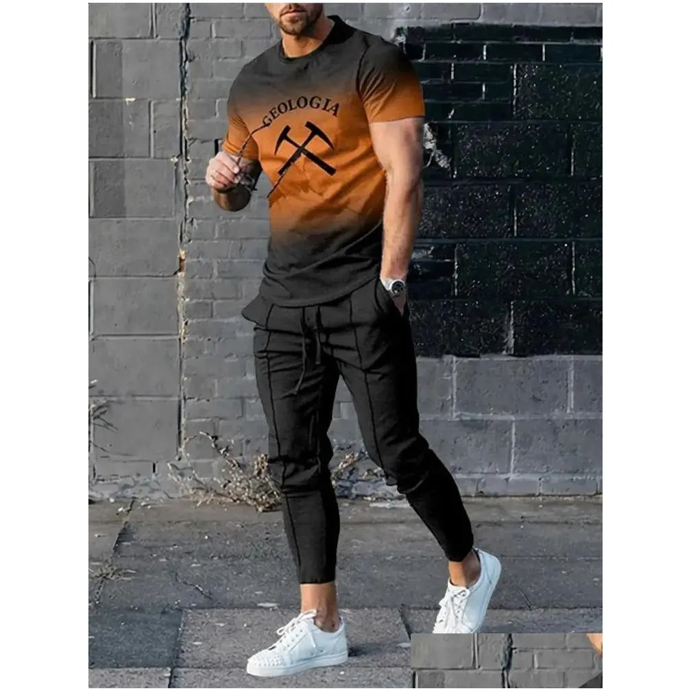 Men`S Tracksuits Mens Trousers Tracksuit 2 Piece Sets Summer Sportswear Tops Tees Short Sleeve T Shirtlong Sweatpants Oversized Men C Dhmy1