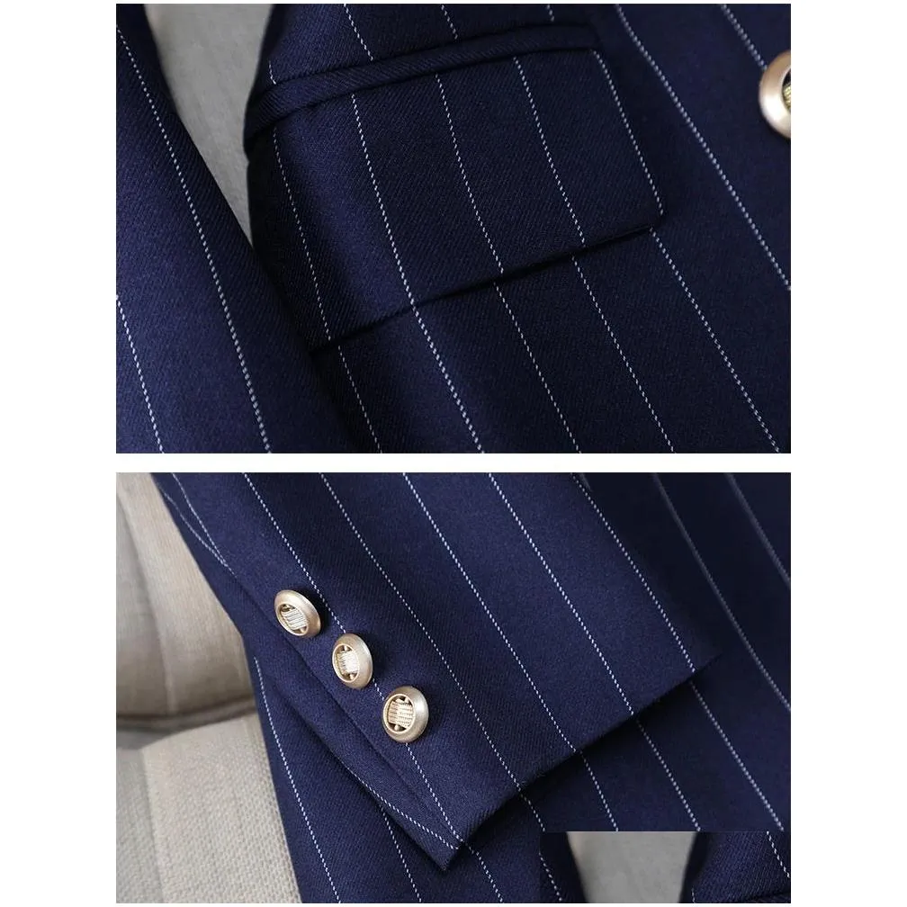 Women`S Suits & Blazers Womens Fashion S-8Xl Office Ladies Formal Pant Suit Set Women Blue Striped Female Business Work Wear 2 Piece Dhoxz