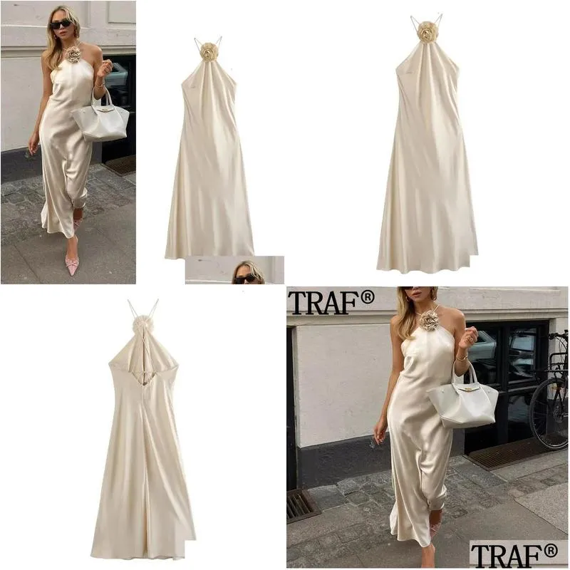 Basic & Casual Dresses Traf Flower Halter Dress Woman Off Shoder Satin Long Women Backless Y Evening Summer Party For 240115 Drop Del Dh3Bb