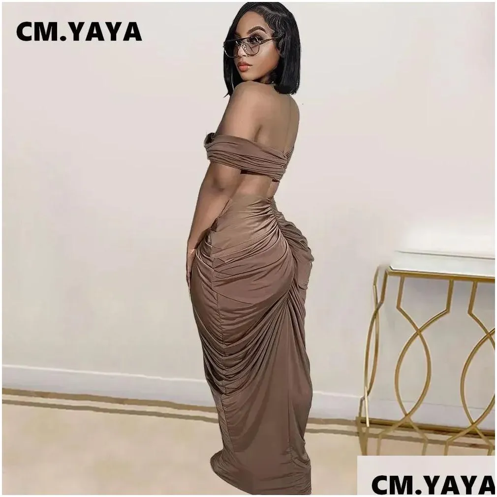 Two Piece Dress Cm.Yaya Stacked Ruched Womens Set Off Shoder Crop Top And Low Waist Maxi Long Skirts Y Party 2 Sets Outfits 240220 Dr Dhthc