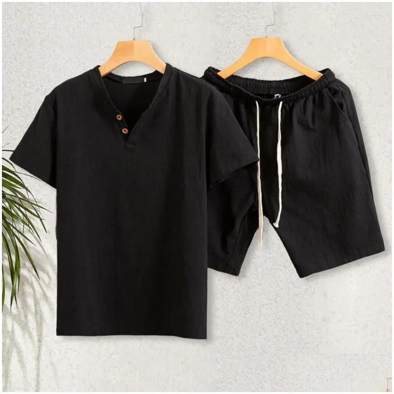 Men`S Tracksuits Mens 2 Pcs/Set Men T-Shirt Shorts Set Solid Color Elastic Waist Loose V Neck Dstring Homewear Casual Summer Top Clot Dhcfw