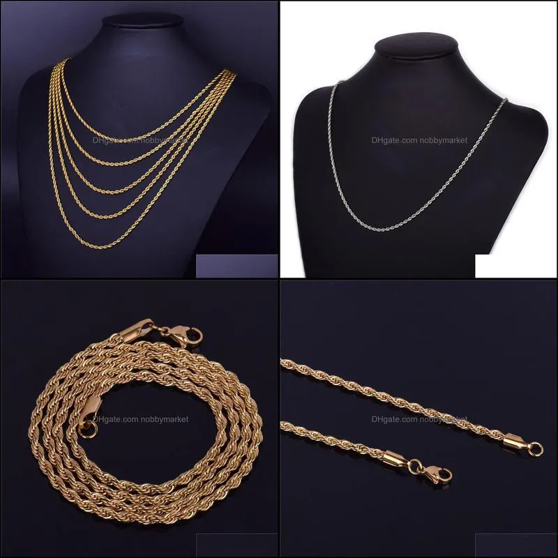 Mens Hip Hop Rappers Chain 3mm 18 20 24 30 Gold Silver Color Stainless steel Rope Link Necklace Hip hop Jewelry For Women