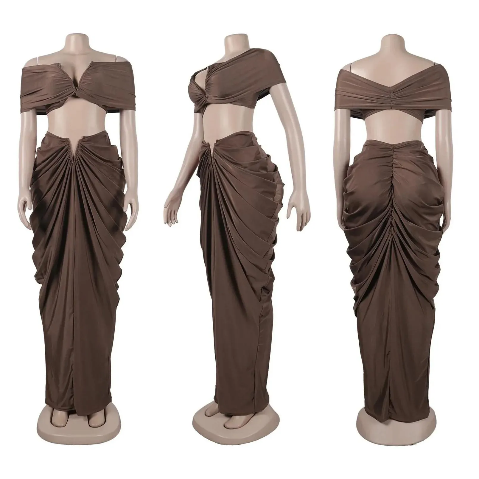 Two Piece Dress Cm.Yaya Stacked Ruched Womens Set Off Shoder Crop Top And Low Waist Maxi Long Skirts Y Party 2 Sets Outfits 240220 Dr Dhthc