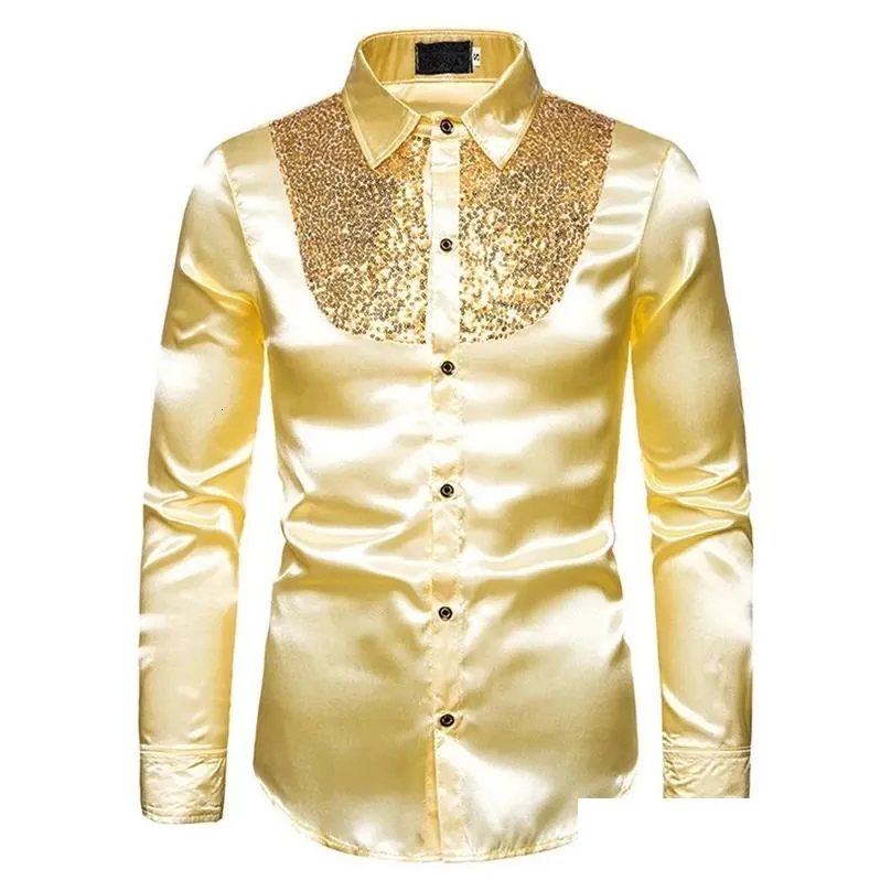 Men`S Dress Shirts Mens Shirt Sequined Performance Nightclub Host Mc Lapel Long Sleeve Drop Delivery Apparel Clothing Dheou