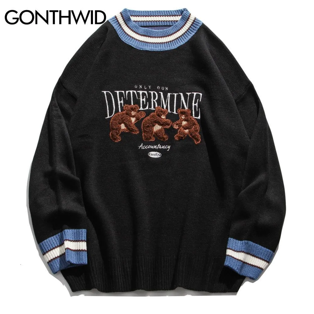 Men`s Sweaters GONTHWID Bear Patchwork Striped Knitted Jumpers Sweaters Streetwear Hip Hop Harajuku Casual Pullover knitwear Mens Fashion Tops