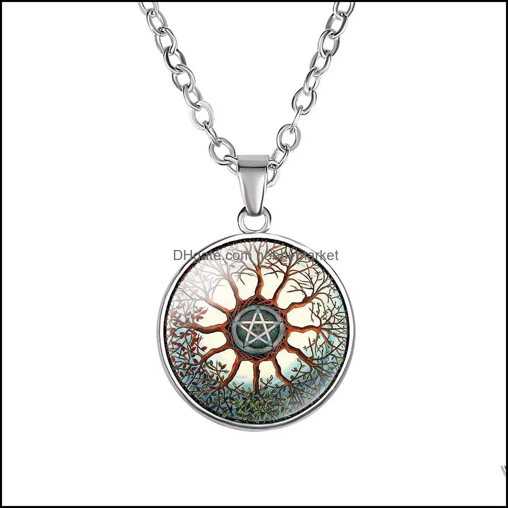 10PC Personality Pentagram Wicca Pendant Necklace Occult Charm Zinc Alloy Glass Photo Jewelry Silver Pendants Necklaces