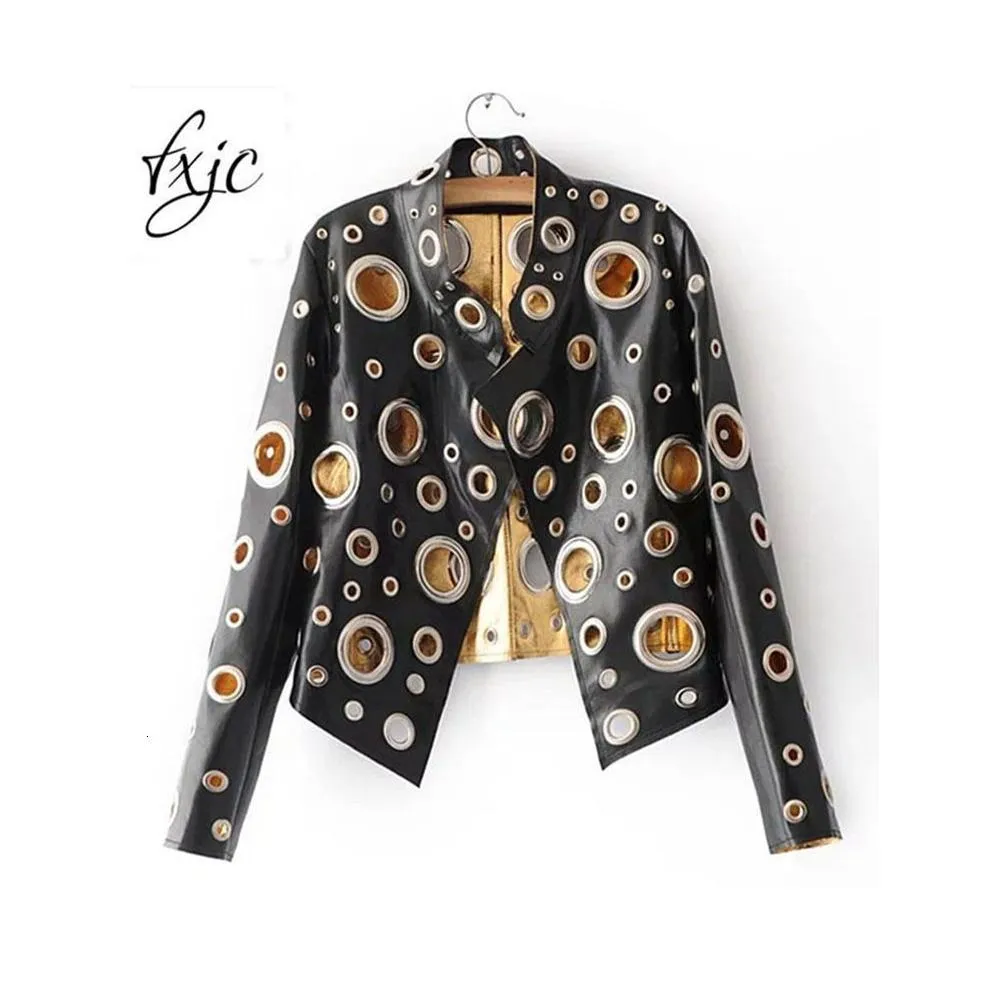 Women`S Jackets Womens Spring Personality Pu Round Hole Women Jacket Gold Black Sier Color Stand Collar Long Sleeve Coat Leather Cloth Dhgfm