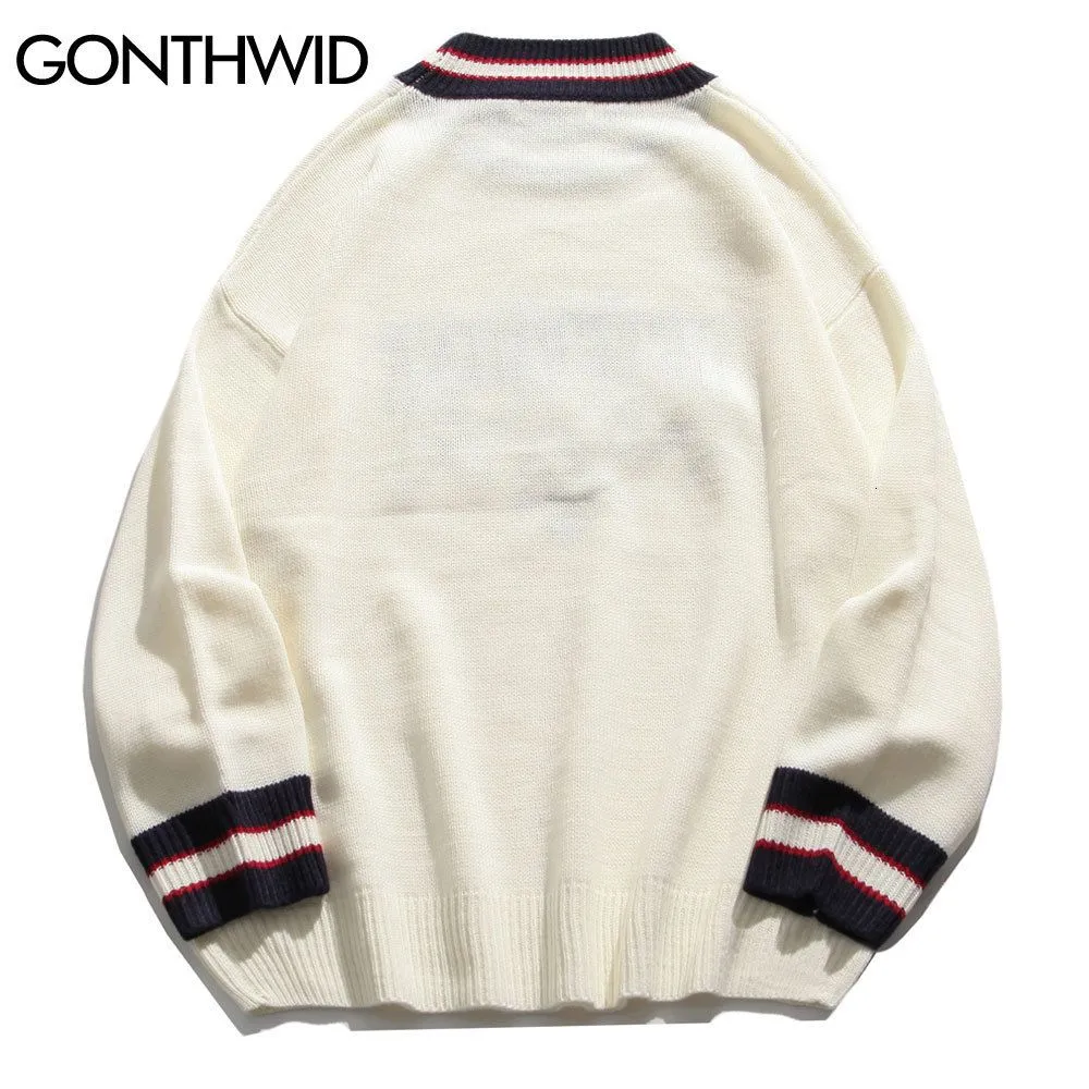 Men`s Sweaters GONTHWID Bear Patchwork Striped Knitted Jumpers Sweaters Streetwear Hip Hop Harajuku Casual Pullover knitwear Mens Fashion Tops