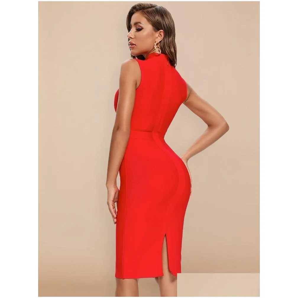 Basic & Casual Dresses Beaukey Y Red Women Hl Bandage Dress Turtleneck Sleeveless Green Split Maxi Xl Party Club Celebrity Bodycon Ve Dhlna