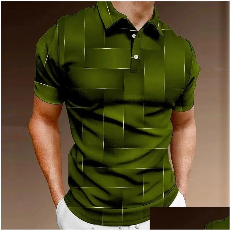 Men`S Polos Mens S Shirt Golf Geometric Folding 3D Printing Outdoor Street Short Sleeve Button Clothing Fashion Casual Breathable Drop Dhknx