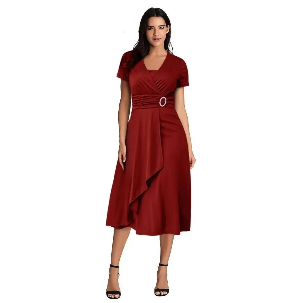 Basic & Casual Dresses Elegant Women Solid Color Short Sleeve V Neck Asymmetric Hem Waist Tight Midi Party Dress Ladies Evening Vesti Dh1Dk