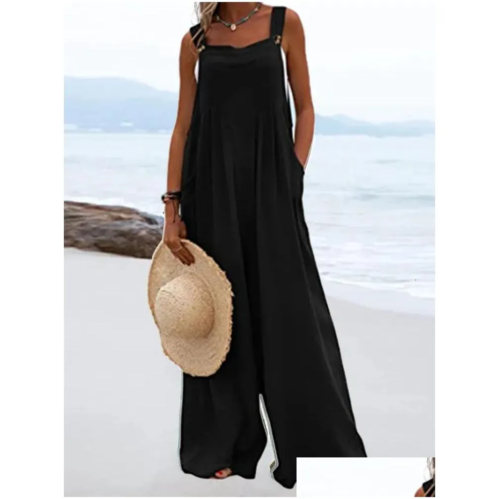 Women`S Jumpsuits & Rompers Womens Summer Spaghetti Straps Loose Overalls Boho Vintage Pattern Print Wide Leg Playsuit Women Casual P Dhqun
