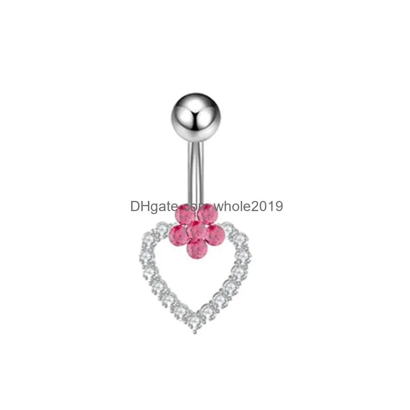 Navel & Bell Button Rings Belly Dangling Women Summer Pink Crystal Color Zircon Star Love Heart Gun Chain Stainless Steel Piercing Bo Dhvjq