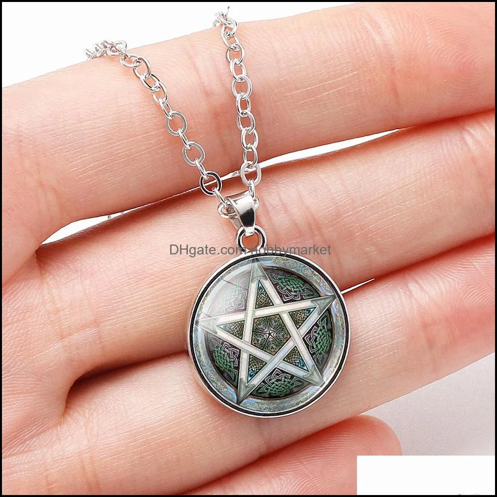 10PC Personality Pentagram Wicca Pendant Necklace Occult Charm Zinc Alloy Glass Photo Jewelry Silver Pendants Necklaces