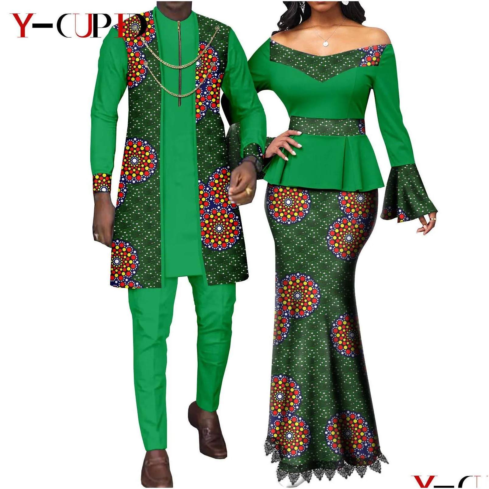 Ethnic Clothing African Couple Matching Clothes For Wedding Bazin Riche Women Print Top And Lace Skirts Sets Dashiki Men 3 Pieces Y22 Dhoxg