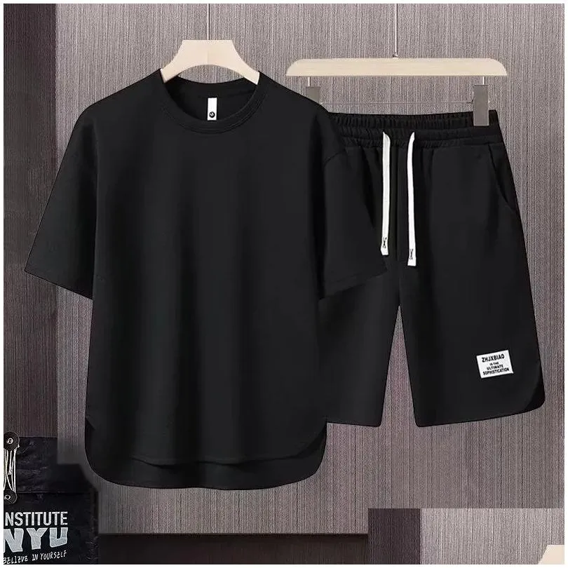 Men`S Tracksuits Mens Korean Fashion Waffle Two Piece Set Summer Short Sleeved T-Shirt And Shorts Loose Sets Men Designer Clothes 240 Dhd7U