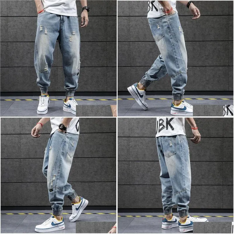 Men`S Jeans Mens 2023 Hip Hop Harem Pants Men Loose Joggers Denim Casual Sweatpants Korea Ankle Length Trousers Streetwear Male Cloth Dhouy