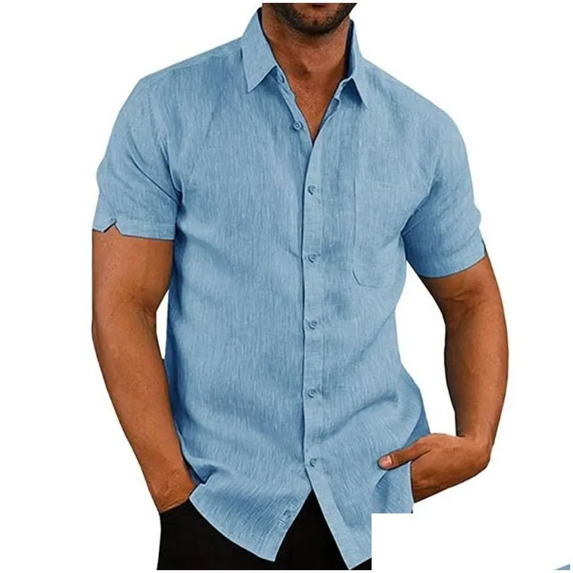 Men`S Dress Shirts Summer Cotton Linen For Men Casual Short Sleeved Blouses Solid Turn-Down Collar Formal Beach Male Clothing 240112 Dhdha
