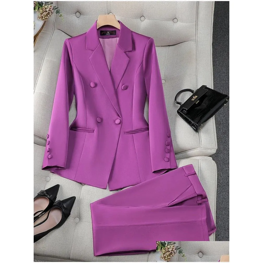 Women`S Suits & Blazers Womens Fashion Office Ladies Formal Pant Suit Set Women Blue Pink Yellow Female Business Work Wear 2 Piece Bl Dhqxm