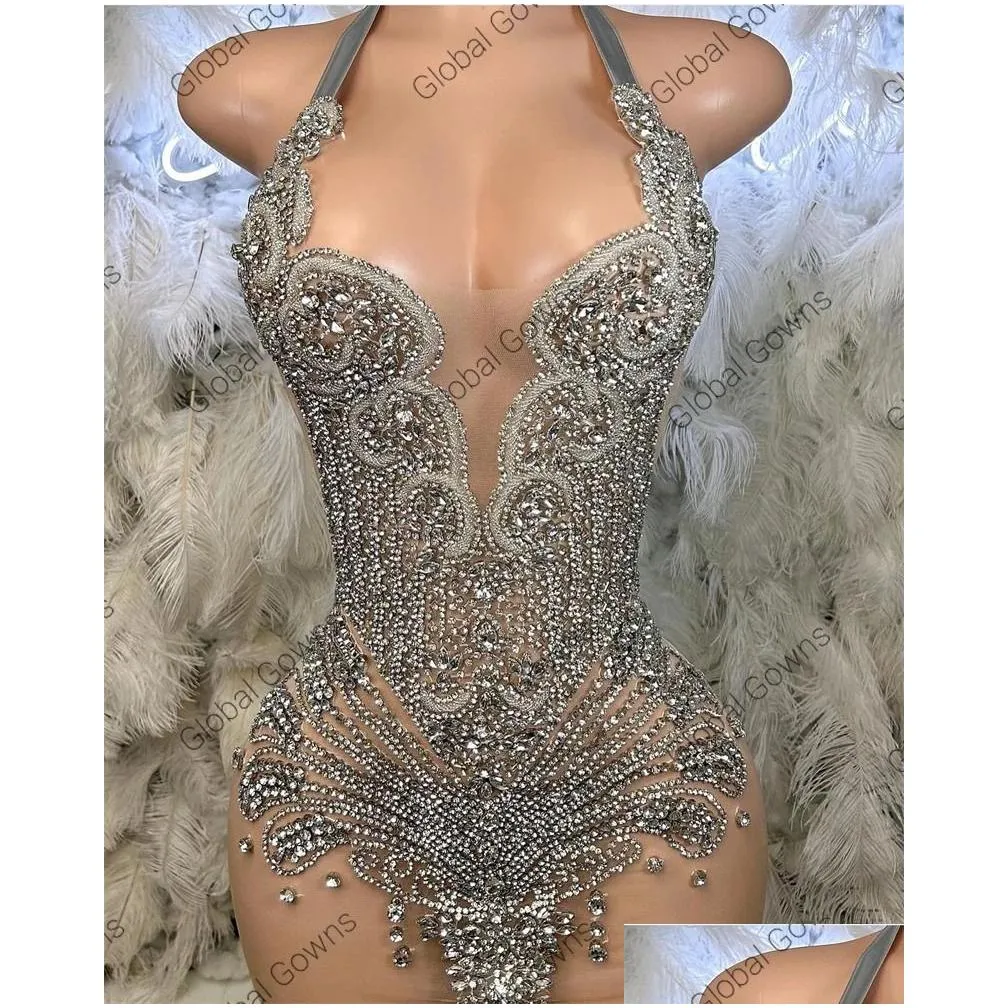 Runway Dresses Sier Halter Short Prom Dress For Black Girl Beaded Crystal Diamond Birthday Party Mini Cocktail Homecoming Robe De Bal Dhveu