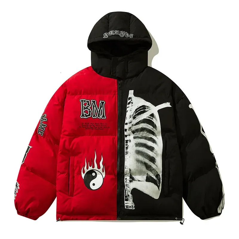 Men`s Down Parkas Mens Winter Hooded Parka Jacket Yin Yang Skeleton Print Streetwear Oversized Coat Harajuku Loose Thick Warm Outwear Unisex